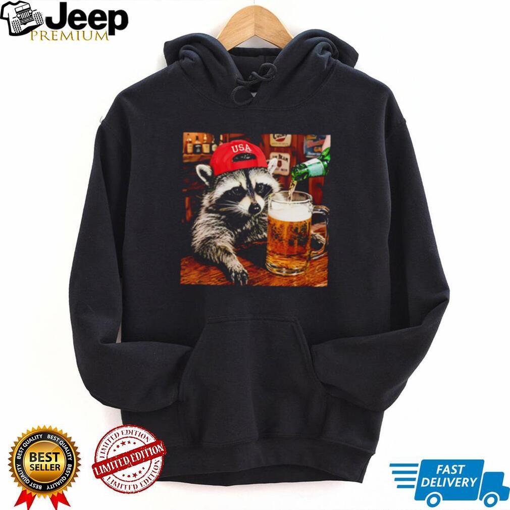 Raccoon Wearing USA Red Hat Drinking Beer Bar Scene T Shirt Raccoon Wearing USA Red Hat Drinking Beer Bar Scene T Shirt