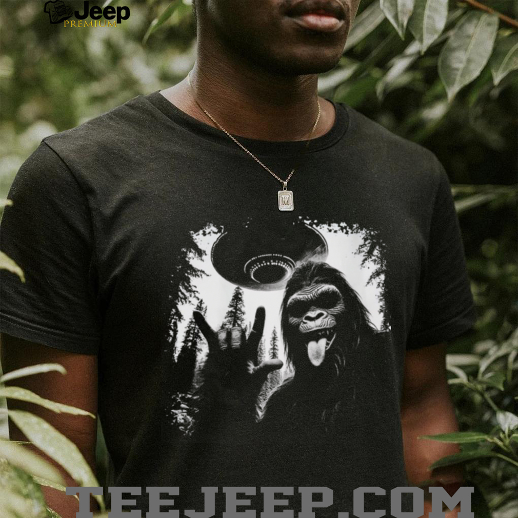 Rock on Bigfoot Sasquatch and UFO Alien Mothership Graphic T Shirt Rock on Bigfoot Sasquatch and UFO Alien Mothership Graphic T Shirt