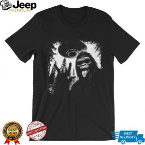 Rock on Bigfoot Sasquatch and UFO Alien Mothership Graphic T Shirt