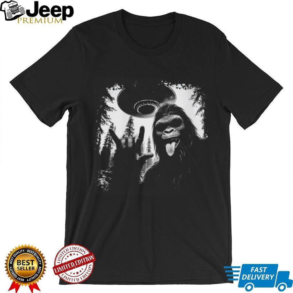 Rock on Bigfoot Sasquatch and UFO Alien Mothership Graphic T Shirt Rock on Bigfoot Sasquatch and UFO Alien Mothership Graphic T Shirt