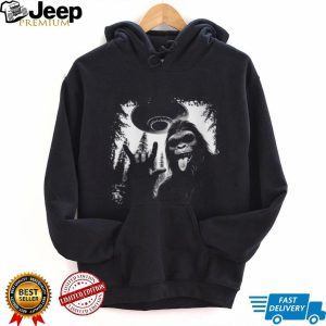 Rock on Bigfoot Sasquatch and UFO Alien Mothership Graphic T Shirt