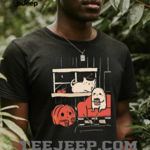 Cute Ghost and Cat Movie Night Halloween Spooky Season Comfort Colors T Shirt