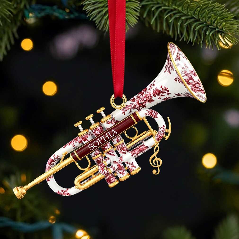 “Joyful Melodies!” Personalized Trumpet Toile de Jouy Christmas Ornament Custom Gift for Musicians, Friends, and Family “Joyful Melodies!” Personalized Trumpet Toile de Jouy Christmas Ornament Custom Gift for Musicians, Friends, and Family