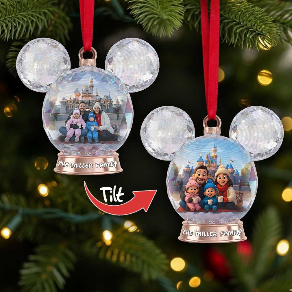 Mickey Mouse shaped Christmas ornament that features a family photo inside a glass dome Mickey Mouse shaped Christmas ornament that features a family photo inside a glass dome