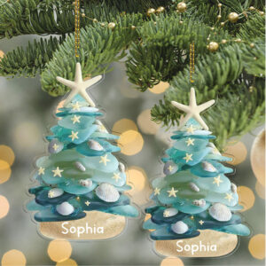 Personalized Sea Glass Christmas Tree 2D Flat Acrylic Ornament Custom Name Coastal Ornament