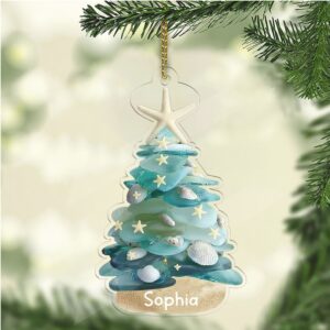 Personalized Sea Glass Christmas Tree 2D Flat Acrylic Ornament Custom Name Coastal Ornament