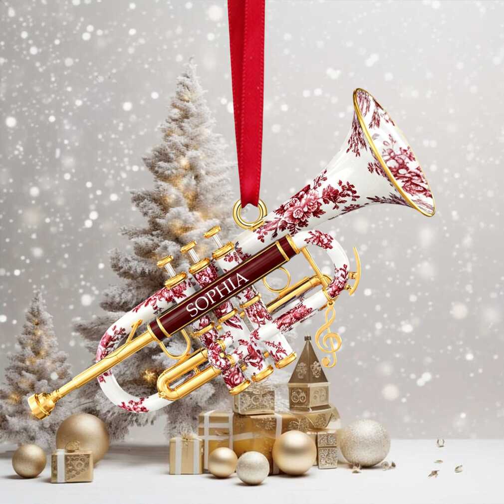 Personalized Toile de Jouy Trumpet Christmas Ornament Personalized Toile de Jouy Trumpet Christmas Ornament