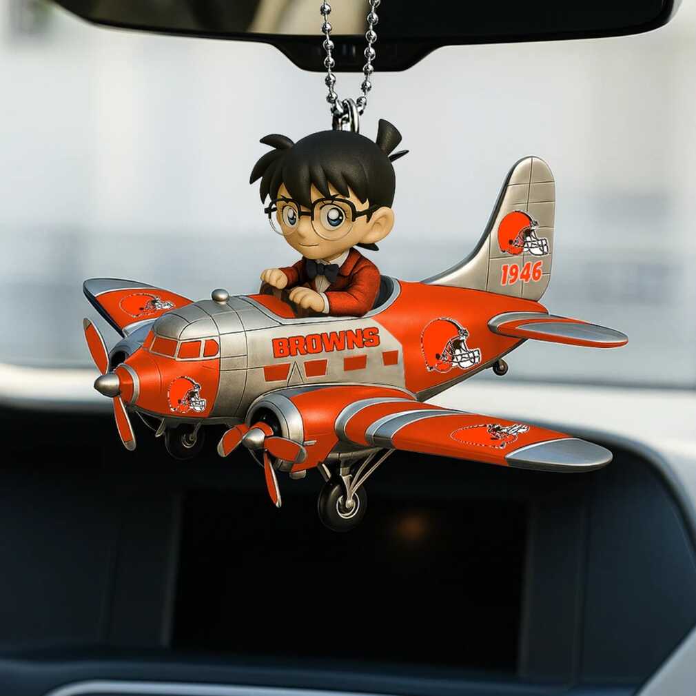 Cleveland Browns Conan Edogawa Vintage Airplane Car Ornament showing Conan Edogawa in Browns colors on a vintage airplane