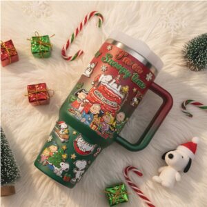 Festive Peanuts Snoopy Christmas Tumbler with Handle and Straw