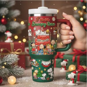 Festive Peanuts Snoopy Christmas Tumbler with Handle and Straw