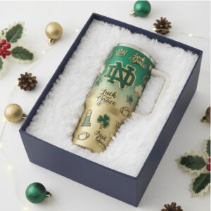 Luck and Grace Emerald Pride Irish Queen Edition Notre Dame ND Green Gold Tumbler with Handle and Lid