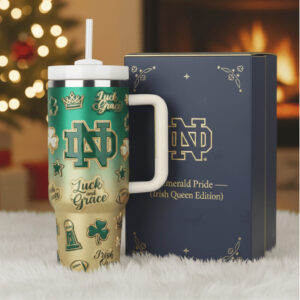 Luck and Grace Emerald Pride Irish Queen Edition Notre Dame ND Green Gold Tumbler with Handle and Lid