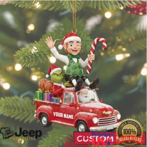 Personalized Grinch, Santa, & Elf Red Truck Ornament