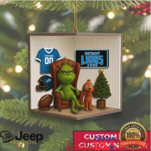 Personalized Grinch themed Detroit Lions Christmas ornaments