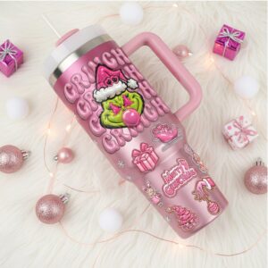 Pink Grinch Tumbler with Handle and Straw, 40oz Stainless Steel Christmas Travel Mug