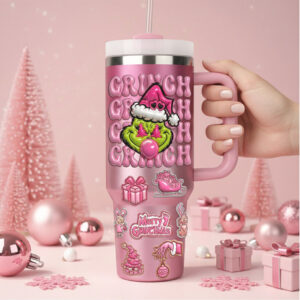 Pink Grinch Tumbler with Handle and Straw, 40oz Stainless Steel Christmas Travel Mug