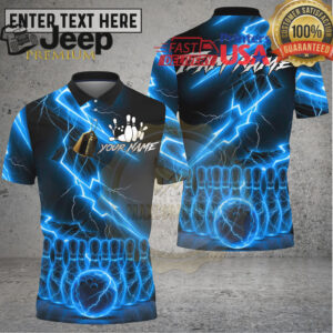 Bowling Shirt Cyan Electric Lightning Strike Effect Multioptions Personalized Name, Team Name 3D Shirt