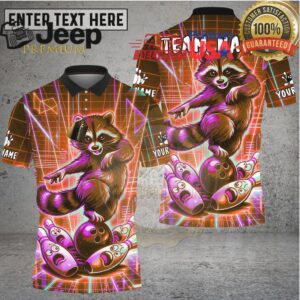 Bowling Shirt Retro Neon Raccoon Synthwave Grid Design Multioptions Personalized Name, Team Name 3D Shirt