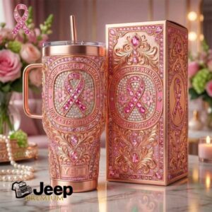 Breast Cancer Awareness Hope Strength Cure Rose Gold Ornate Tumbler