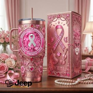 Breast Cancer Awareness Pink Ribbon Floral Crystal Embossed Tumbler
