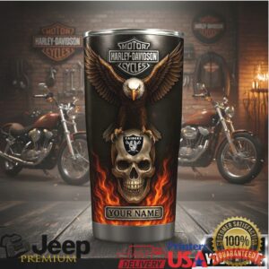 Custom Las Vegas Raiders & Harley Davidson Flame Skull Tumbler