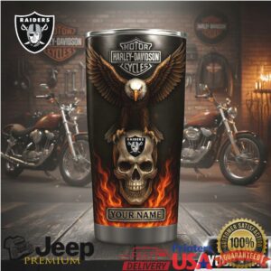 Custom Las Vegas Raiders & Harley Davidson Flame Skull Tumbler