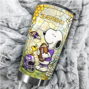 Custom Name Baltimore Ravens Snoopy Stained Glass Art Travel Tumbler