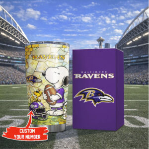 Custom Name Baltimore Ravens Snoopy Stained Glass Art Travel Tumbler