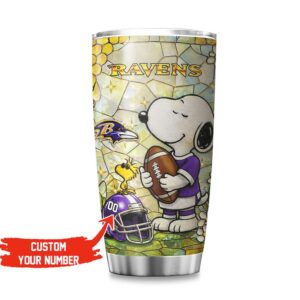Custom Name Baltimore Ravens Snoopy Stained Glass Art Travel Tumbler