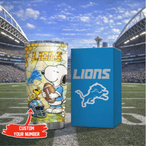 Custom Name Detroit Lions Snoopy Stained Glass Style 40oz Steel Tumbler
