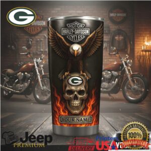 Custom Name Green Bay Packers & Harley Davidson Skull Tumbler