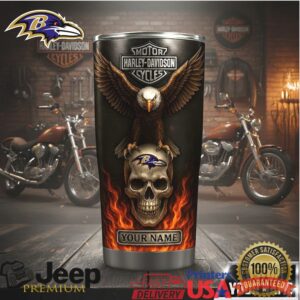 Custom Name Harley Davidson & Baltimore Ravens Skull Tumbler