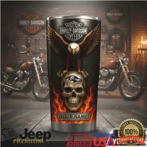 Custom Name Harley Davidson & Baltimore Ravens Skull Tumbler
