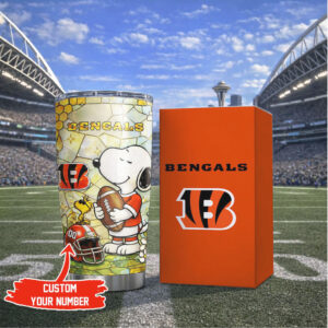 Custom Number Cincinnati Bengals Snoopy Stained Glass NFL Tumbler
