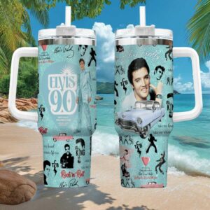 Elvis Presley 90th Birthday Celebration Teal Glitter 40oz Travel Tumbler