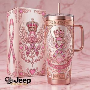 Hope & Strength Breast Cancer Awareness Wings and Crown Tumbler