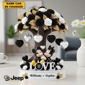Las Vegas Raiders Mickey & Minnie Black & White Rose & Gold Leaf Desktop Ornament