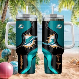 Miami Dolphins Personalized 40oz Travel Tumbler   Custom NFL Fan Gear Tumbler with Handle