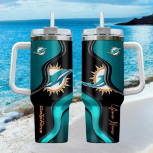 Miami Dolphins Personalized 40oz Travel Tumbler Custom NFL Fan Gear Tumbler with Handle