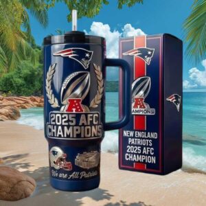 New England Patriots 2025 AFC Champions “We Are All Patriots” Navy Blue Tumbler with Handle