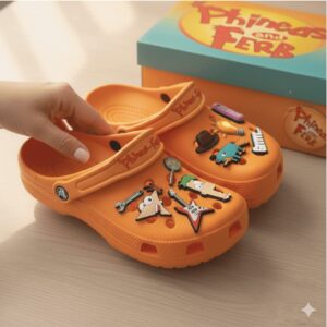 Orange Phineas and Ferb Crocs with Charms