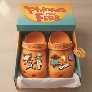 Orange Phineas and Ferb Crocs with Charms