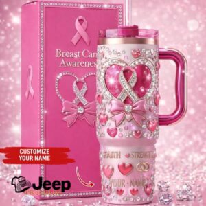 Personalized Breast Cancer Awareness Faith Strength Pink Ribbon 40oz Rhinestone Tumbler