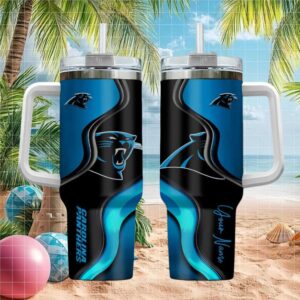 Personalized Carolina Panthers Blue & Black Logo Travel Tumbler with Handle