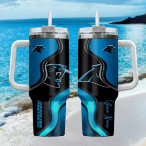 Personalized Carolina Panthers Blue & Black Logo Travel Tumbler with Handle