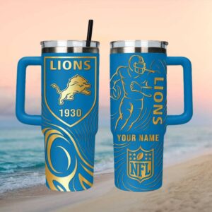 Personalized Detroit Lions NFL 40oz Tumbler   Custom Name Blue & Gold Insulated Tumbler