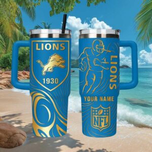 Personalized Detroit Lions NFL 40oz Tumbler Custom Name Blue & Gold Insulated Tumbler