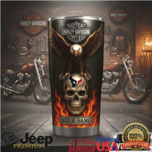 Personalized Harley Davidson Flaming Skull and Texans Logo Insulated Tumbler