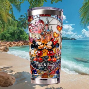 Personalized Mickey and Minnie Mouse Stained Glass Castle Wedding Anniversary Tumbler