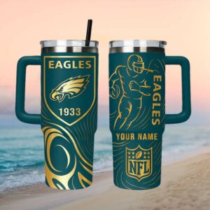 Personalized Philadelphia Eagles NFL 40oz Tumbler   Custom Name Gold & Teal Insulated Tumbler